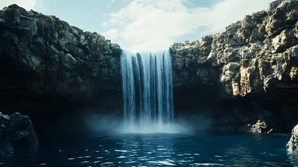 A majestic waterfall plunging into a natural infinity pool overlooking the ocean