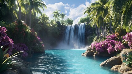 A turquoise waterfall surrounded by palm trees and vibrant orchids