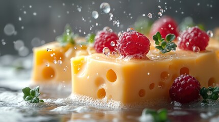 Swiss cheese pieces float on white, an appetizing scene.