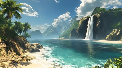 A stunning waterfall on a remote island, with white sandy beaches in the background