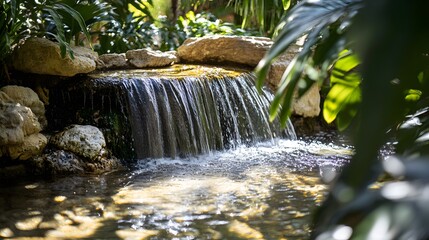 A small but picturesque waterfall in a jungle oasis, clear water reflecting the sun