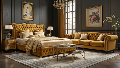 Your metallic gold velvet bed with your gold-accented velvet sofa.
