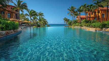 The inviting turquoise resort pool glistens under sunlight, with palm trees as a tropical backdrop, a perfect summer getaway scene.