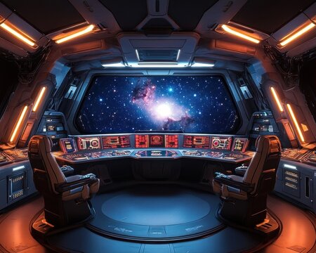 futuristic starship bridge interior featuring a large viewscreen displaying a star system, blinking neon control boards, and futuristic ergonomic chairs