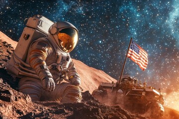 an astronaut planting a flag on Mars with a backdrop of star-studded space, the Mars Rover visible, and the astronaut reflecting in his visor