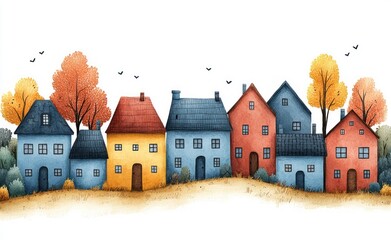 Whimsical Village Houses in Pastel Colors Watercolor Vector Illustration