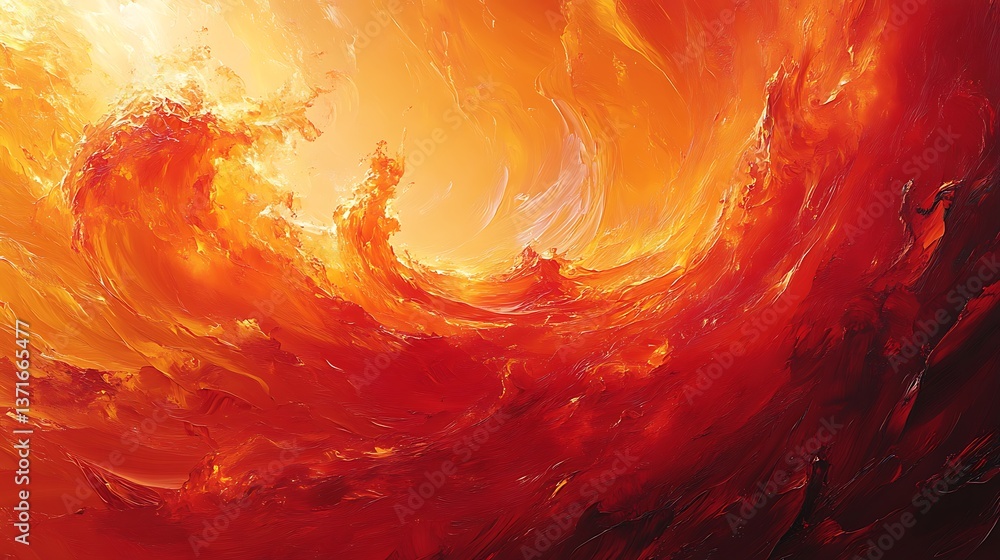 Poster fiery abstract painting with dynamic orange and red hues, emphasizing movement and depth, creating a