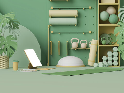 Exercise & Wellness Sport fitness equipment, yoga mat, Kettlebell, dumbbells,plant pot, laptop on pastel green background. Trendy 3d render for fitness, lifting in the gym, gym at home. Work form home