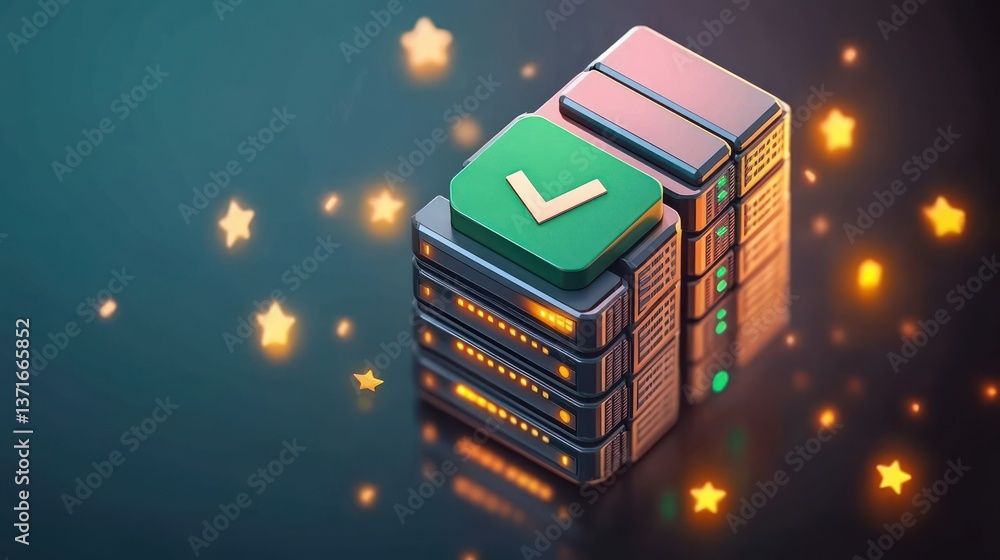 Poster modern server stack with cloud and stars in 3d illustration of network computing technology