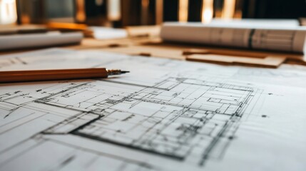 Architectural blueprint and pencil, design plans for building construction