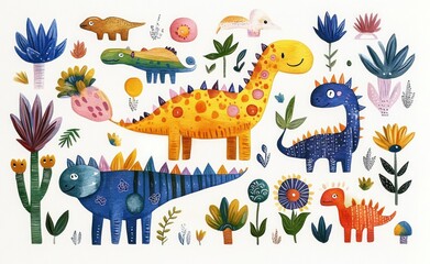 Fototapeta premium Colorful Dinosaur Illustration Watercolor Painting Hand-Drawn Cartoon Animals Wildlife Vintage Abstract Geometric Patterns