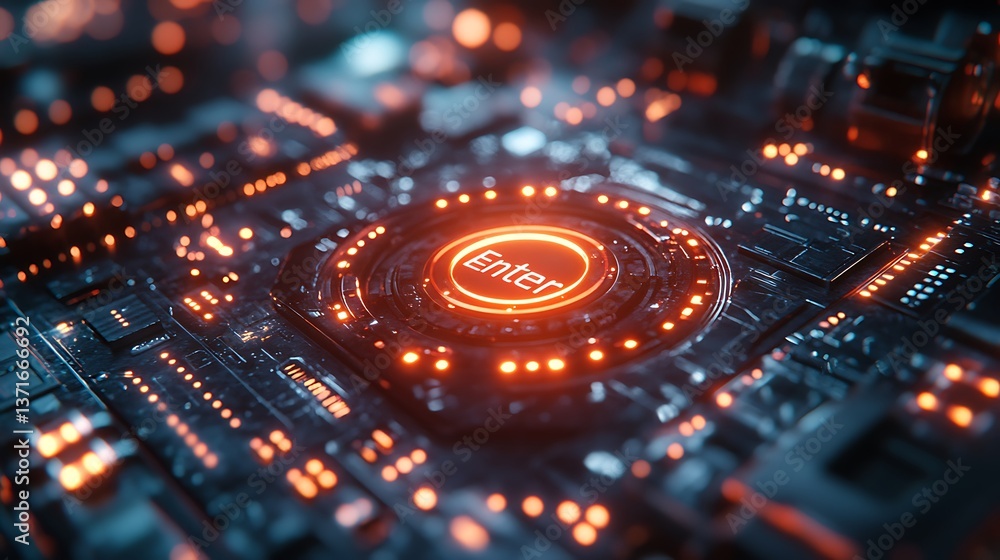 Aufkleber futuristic enter button glowing on circuit board, cyberpunk technology, system interface, digital de