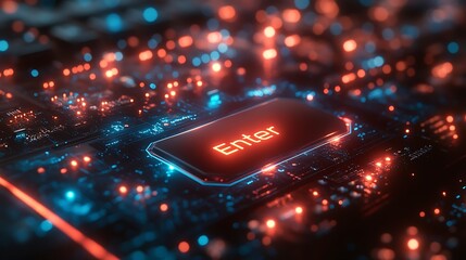 Futuristic Enter Key Glows on Complex Circuit Board, a Symbolic Gateway to Digital Realms.