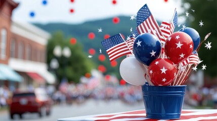 Festive display of national pride with miniature flags and star-spangled balloons in a patriotic setting.