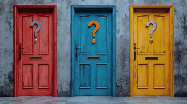 Three colorful doors with question marks illustrate FOMO and the complexities of significant life and career decisions.