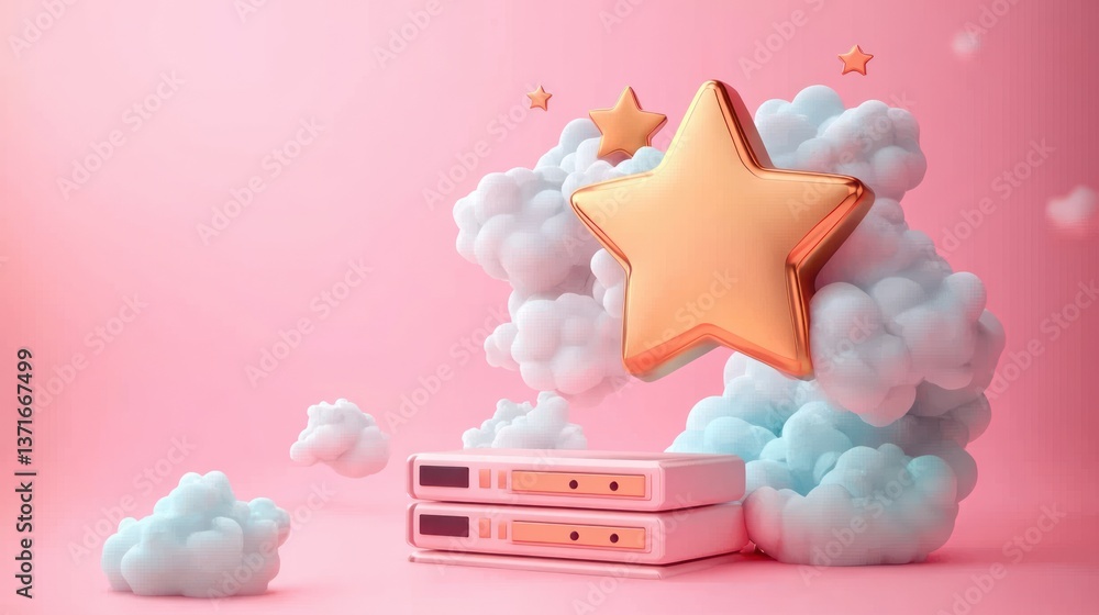 Poster 3d server hosting concept with fluffy clouds and stars in pastel colors for cloud computing and digi