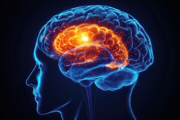 Human Brain Side Profile Illustration with Bioluminescent Colors and Internal Structures in Sci-Fi Style