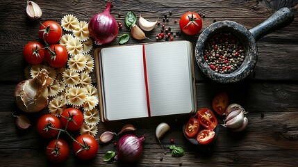 Rustic culinary scene featuring fresh ingredients and an open blank recipe book