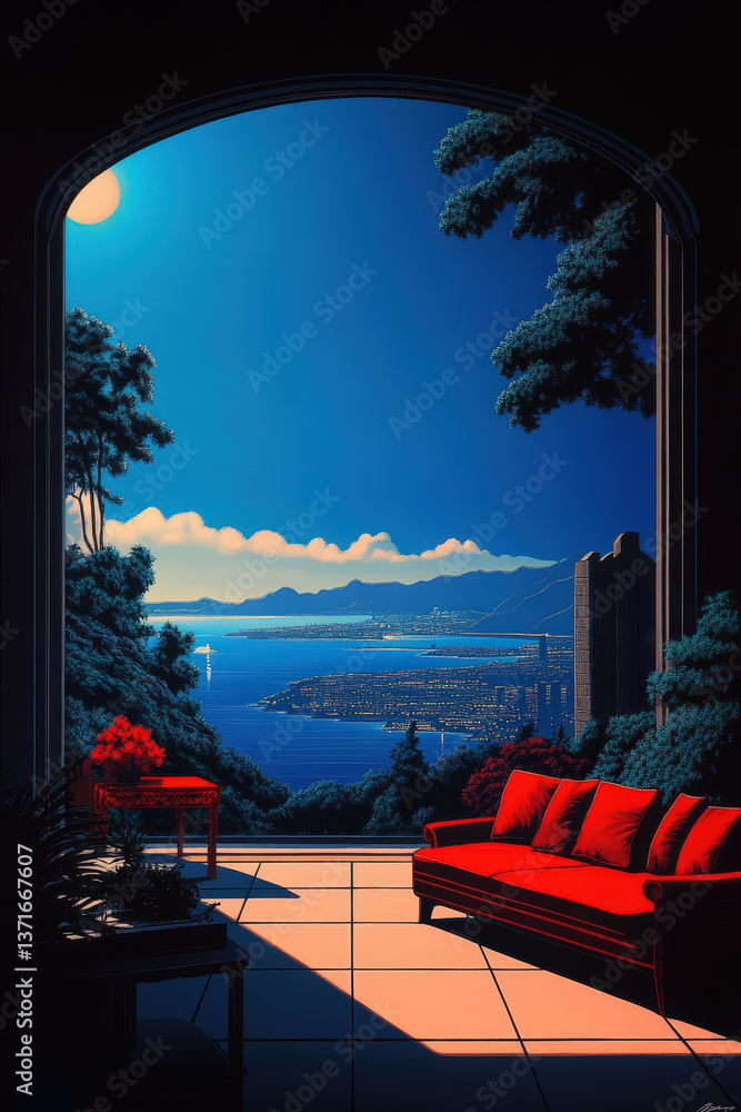 Wall mural a red couch is in front of a window with a view of the ocean