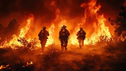 Fototapeta premium Three courageous firefighters sprint through fierce flames and thick smoke, battling a wildfire with unwavering determination and bravery.