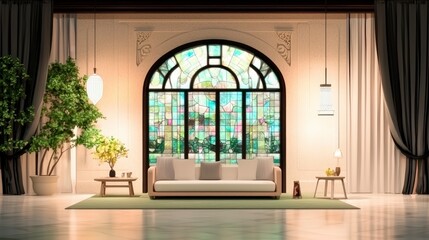 Elegant Living Room with Stained Glass Window  Plants  and Sofa