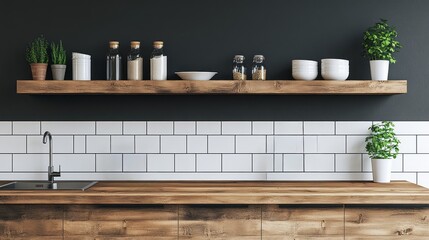 Modern kitchen interior featuring wooden countertops and floating shelves
