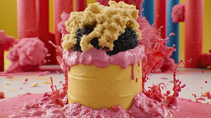 Cake topped with berries splashes against colorful tubes, for festive events or food ads