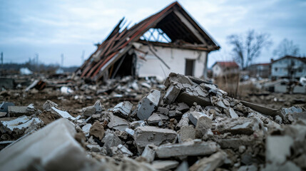 Destruction of a House After Natural Disaster in a Rural Area with Debris on the Ground