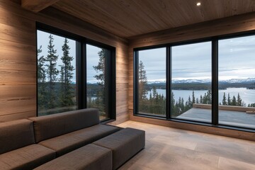 Obraz premium A modern interior featuring large windows that showcase a stunning lake view surrounded by trees, creating a serene and cozy atmosphere.