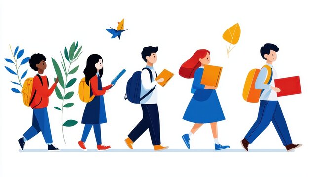 Diverse students walking to school with books and backpacks, embracing education and knowledge.