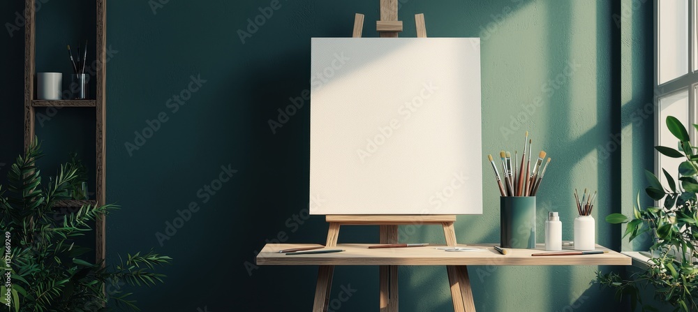 Poster a serene artist workspace featuring an empty canvas on an easel, surrounded by paintbrushes and gree