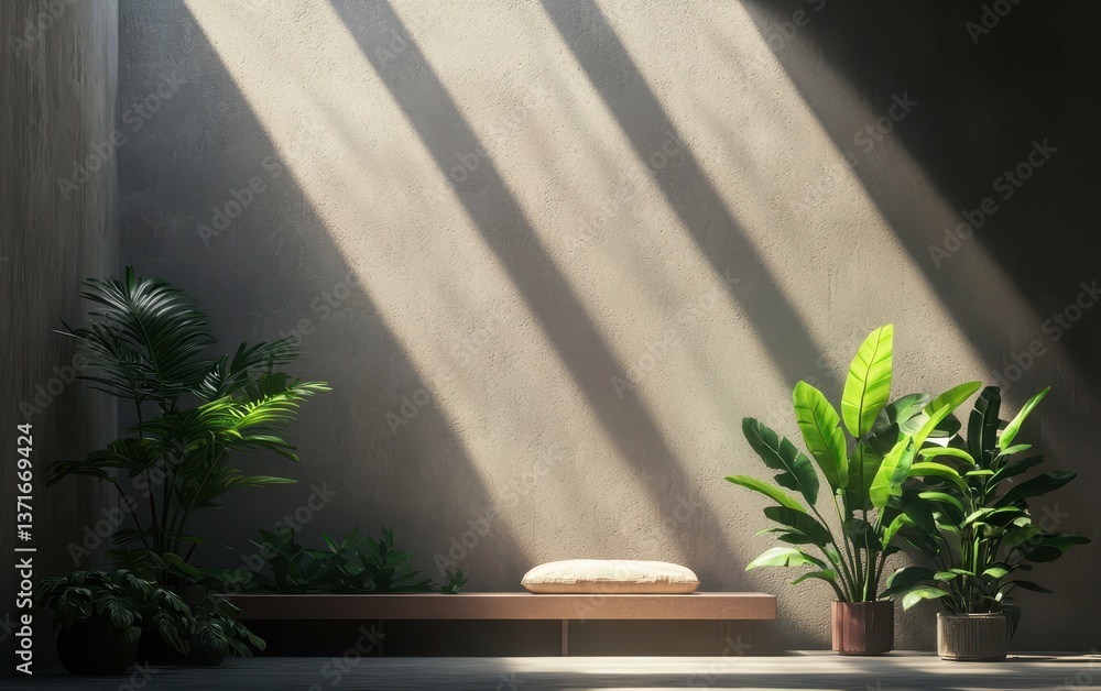 Poster a serene indoor space featuring lush plants and soft sunlight filtering through, creating a calming 