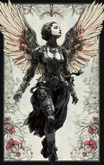 Cybernetic Angel with Mechanical Wings in Steampunk Art Style