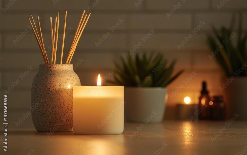 Poster a serene arrangement of scented candles and reed diffusers, creating a cozy and calming atmosphere i