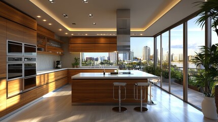 Modern kitchen with wood cabinets overlooks a city and water
