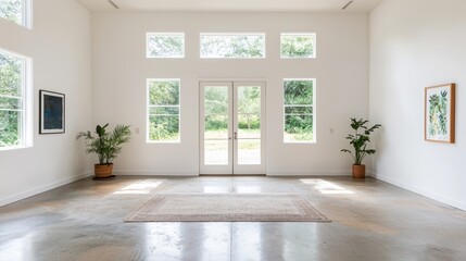 Fototapeta premium A spacious, minimalist room with large windows, a simple area rug, indoor plants, and a serene view of greenery outside.