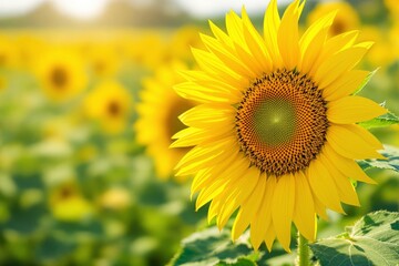Fototapeta premium Bright sunflower in sharp focus with a blurred field of sunflowers in the background, ideal for creative floral design and summer nature concepts. Ai generative