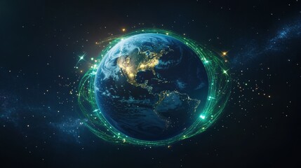Obraz premium a glowing Earth at night from space, surrounded by sparkling stars and green energy rings, symbolizing sustainability and global unity