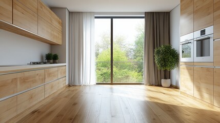 Modern kitchen featuring wooden cabinets and a large window view