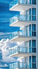 Modern apartment building balconies, blue sky, clouds, real estate