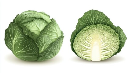 Illustration of a whole and half of a green cabbage on a white background.