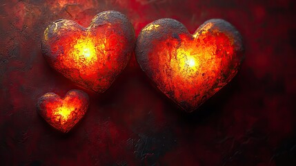 Fototapeta premium Three illuminated hearts of different sizes on a vibrant red surface create a warm, romantic atmosphere for expressing love.