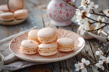 Fototapeta premium Plate of assorted macarons in pastel shades with a stylish blurred background