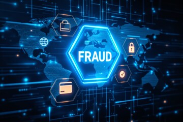 Digital interface showing cybersecurity fraud warning with glowing hexagons and tech icons over a futuristic world map background, concept of online threat. Ai generative