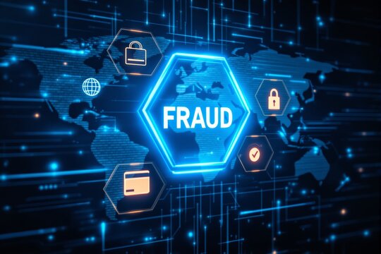 Digital interface showing cybersecurity fraud warning with glowing hexagons and tech icons over a futuristic world map background, concept of online threat. Ai generative