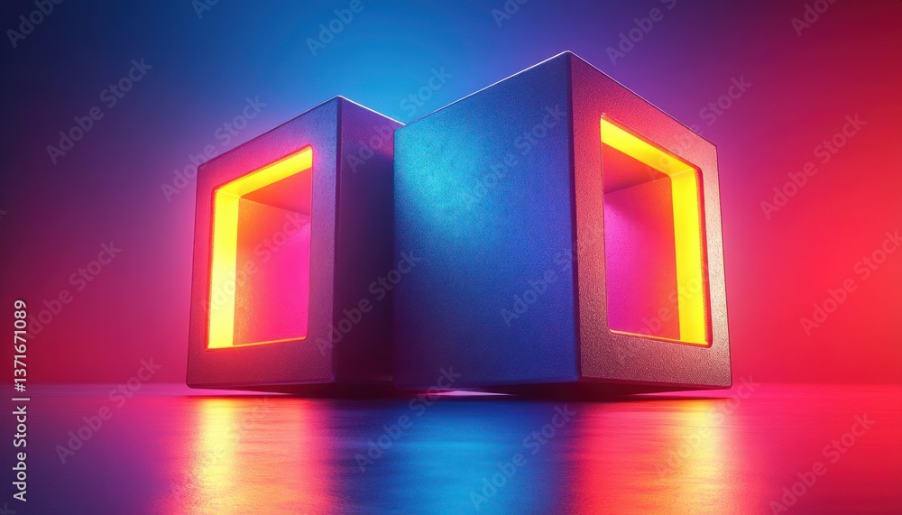 Poster geometric abstract 3d render of interlocking cubes in blue purple and orange on red background
