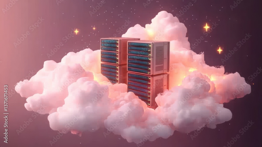 Poster 3d cloud server with clouds and stars providing digital storage and data transmission in a minimalis