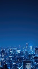 Fototapeta premium Night city skyline, urban landscape, illuminated buildings, dark blue sky, background, aerial view, website banner