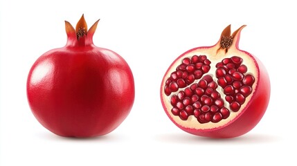 A whole and a halved pomegranate with red seeds on a white backdrop.