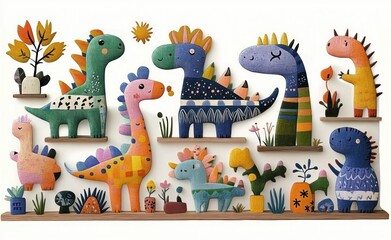 Obraz premium Whimsical Dinosaur Creatures Watercolor Playful Cartoon Collection
